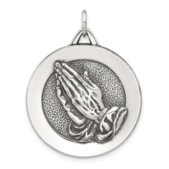 Sterling Silver Antiqued Solid Praying Hands Serenity Prayer Pendant