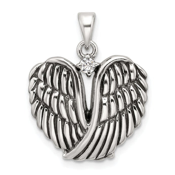 Sterling Silver Polished and Antiqued CZ Angel Wing Heart Pendant