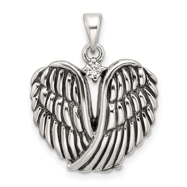 Sterling Silver Polished and Antiqued CZ Angel Wing Heart Pendant