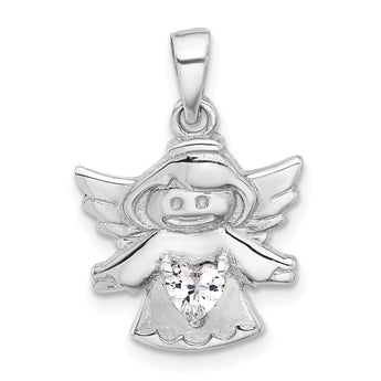 Sterling Silver Rhodium-plated Heart CZ Angel Pendant