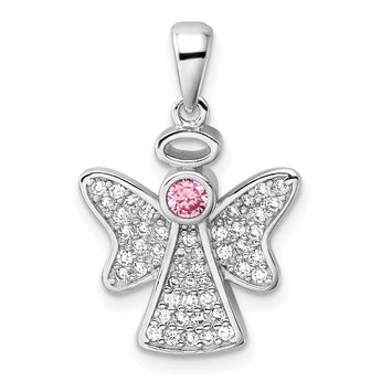 Sterling Silver Rhodium-plated Pink and Clear CZ Angel Pendant