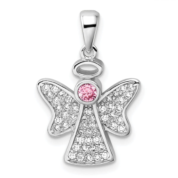 Sterling Silver Rhodium-plated Pink and Clear CZ Angel Pendant