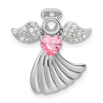 SS Rhodium-plated Pink and Clear CZ Angel Chain Slide Pendant