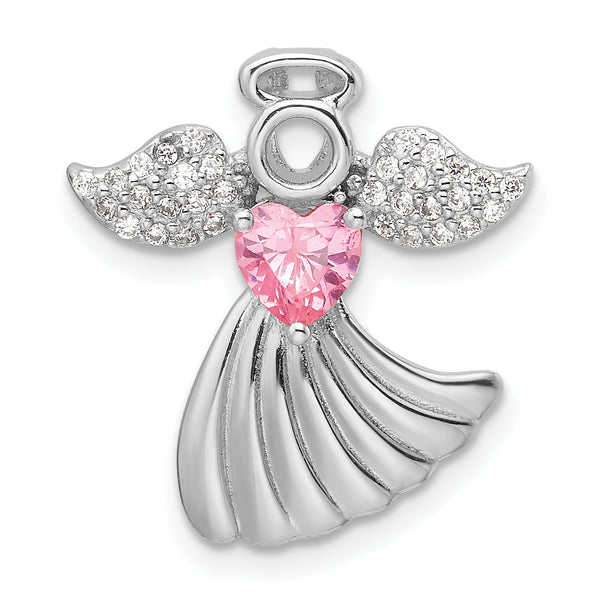 SS Rhodium-plated Pink and Clear CZ Angel Chain Slide Pendant