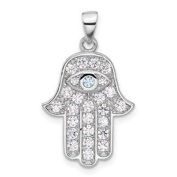 Sterling Silver Rhodium-plated Blue and White CZ Hamsa Eye Pendant