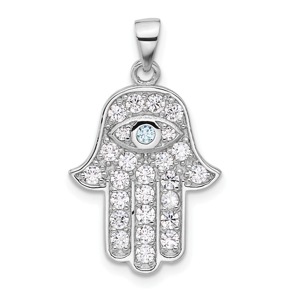 Sterling Silver Rhodium-plated Blue and White CZ Hamsa Eye Pendant