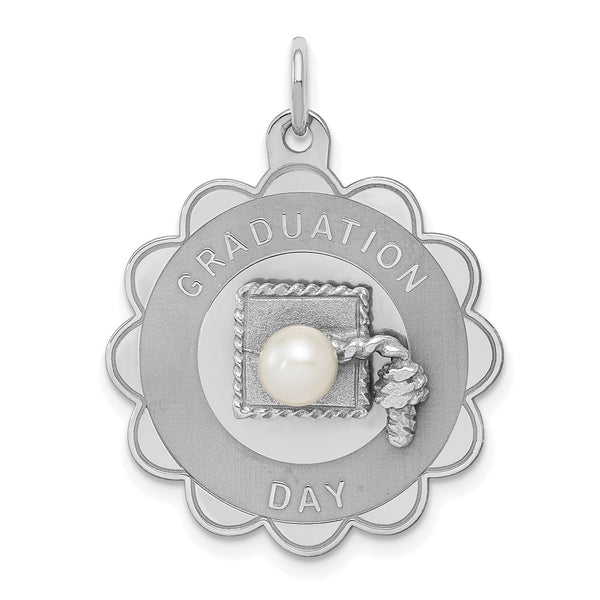 Sterling Silver Graduation Pearl Charm with Rhodium Finish