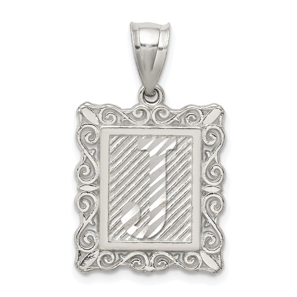 Sterling Silver Square Diamond-cut Letter J Initial Pendant