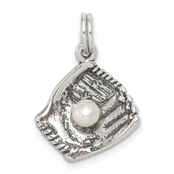 Sterling Silver 925 Men's Baseball Glove Charm with Simulated Pearl
