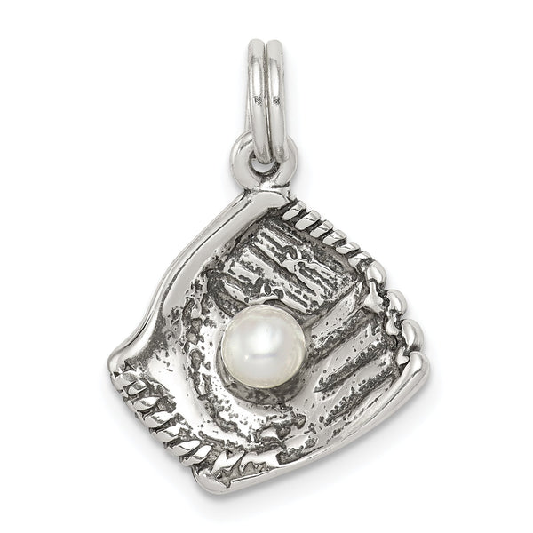 Sterling Silver 925 Men's Baseball Glove Charm with Simulated Pearl