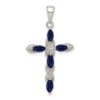 Sterling Silver 925 Sapphire & Diamond Cross Pendant Polished Elegant Design