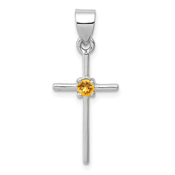 Sterling Silver Citrine Cross Pendant with Rhodium Plated Polished Finish