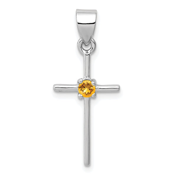 Sterling Silver Citrine Cross Pendant with Rhodium Plated Polished Finish