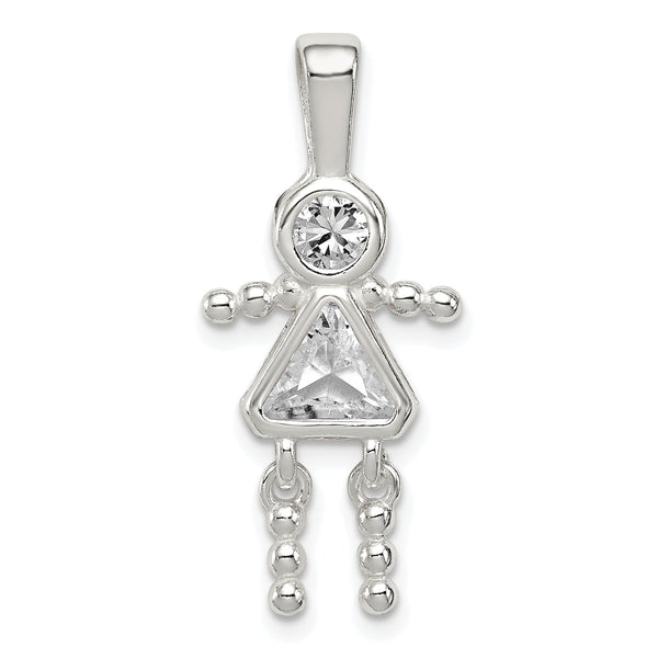 Sterling Silver Rhodium-Plated CZ April Glass Girl Pendant Elegant Birthstone Charm