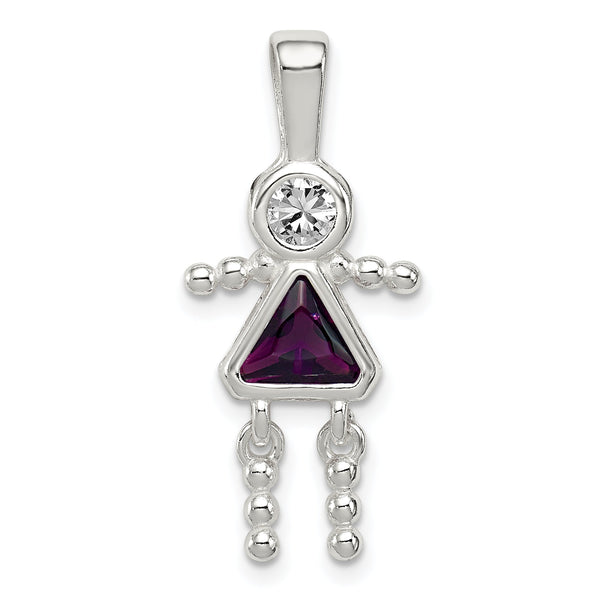 Sterling Silver 925 Girl Pendant with Rhodium-Plated CZ and February Birthstone