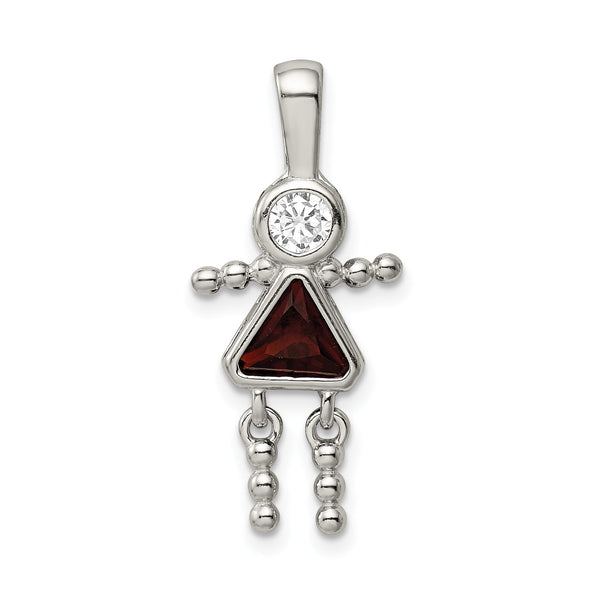 Sterling Silver Girl Pendant with Rhodium Plating and January Birthstone