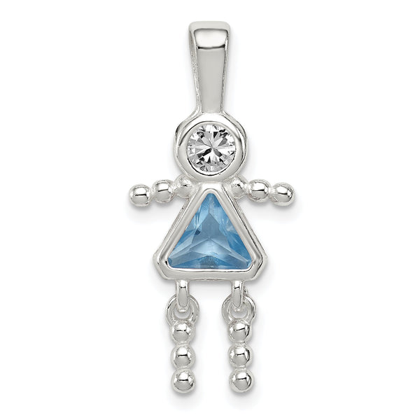 Sterling Silver March Birthstone Girl Pendant with Rhodium Finish