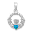 Sterling Silver Lab Blue Opal Claddagh Pendant with Rhodium Polish