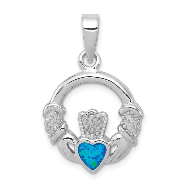 Sterling Silver Lab Blue Opal Claddagh Pendant with Rhodium Polish