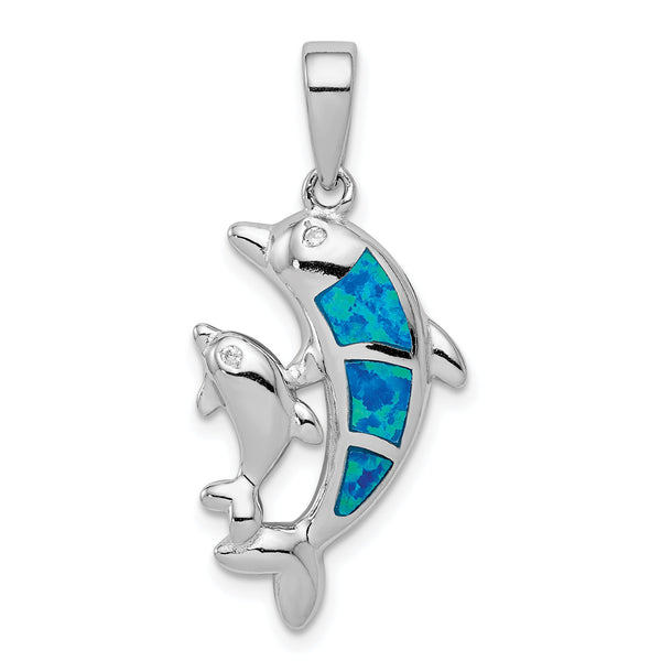 Sterling Silver Rhodium-Plated Opal Dolphin Pendant Elegant Ocean-Themed Charm