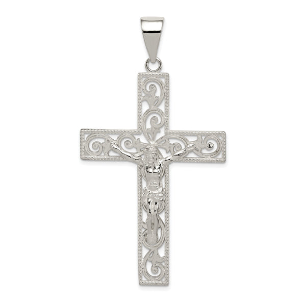 Sterling Silver Polished Beaded Filigree Crucifix Pendant