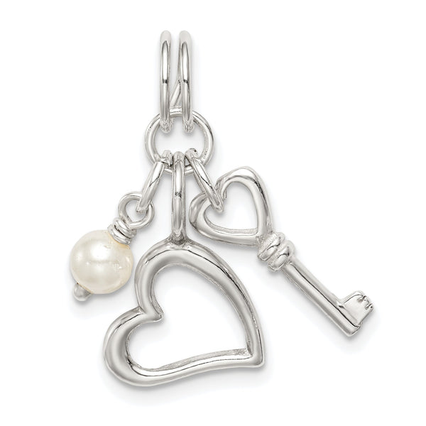 Sterling Silver 925 Heart Key Charm with Simulated Pearl Elegance
