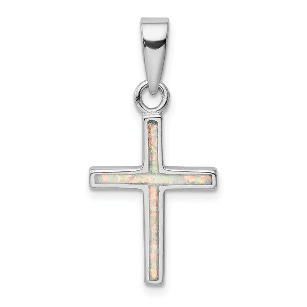 925 Sterling Silver Opal Cross Pendant with Rhodium Polished Finish