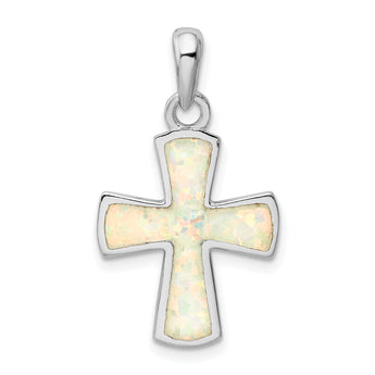 Sterling Silver 925 Polished Opal Cross Pendant with Rhodium Plating