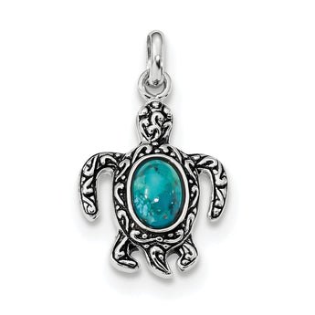 Sterling Silver Turquoise Turtle Pendant with Rhodium Antiqued Finish