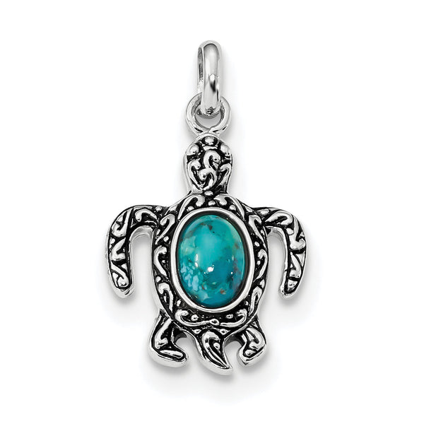Sterling Silver Turquoise Turtle Pendant with Rhodium Antiqued Finish