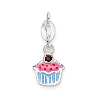 Sterling Silver Cupcake Charm with Garnet and Enamel Finish