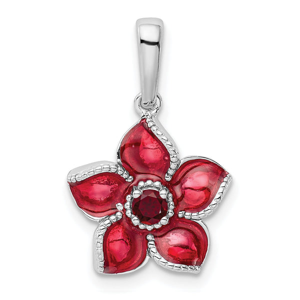 Sterling Silver Ruby Enamel Flower Pendant with Polished Rhodium Finish
