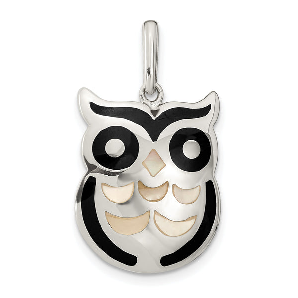 Sterling Silver 925 Owl Pendant with Onyx and MOP Elegant Design