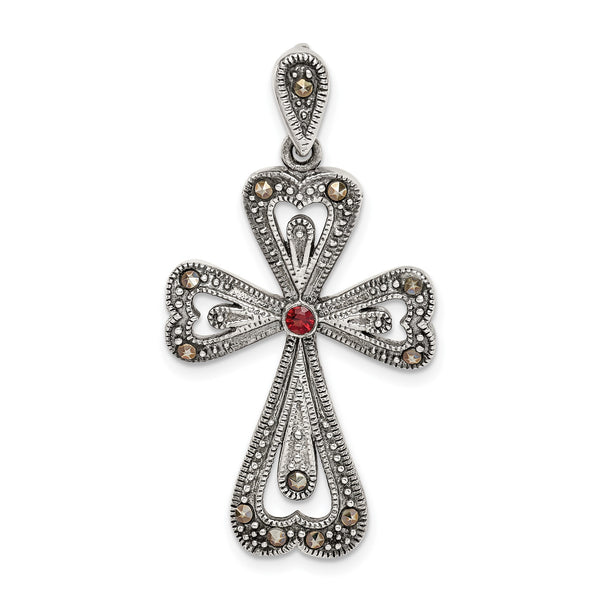 Sterling Silver Antiqued Marcasite and Garnet Cross Pendant - Birthstone Company