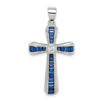 Sterling Silver Rhodium-plated CZ & Lab Cr. Blue Spinel Cross Pendant