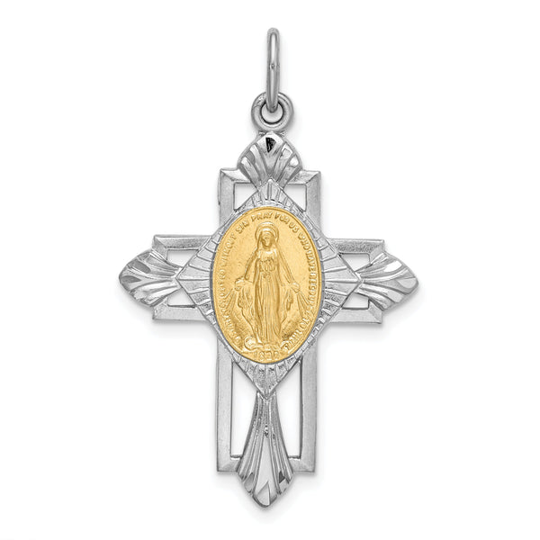 Sterling Silver Rhodium-plated Gold Tone Miraculous Medal Cross Pendant