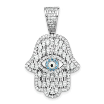 Sterling Silver Rhodium-plated White & Blue CZ Hamsa Eye Pendant