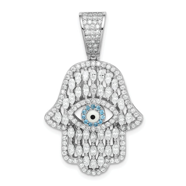 Sterling Silver Rhodium-plated White & Blue CZ Hamsa Eye Pendant