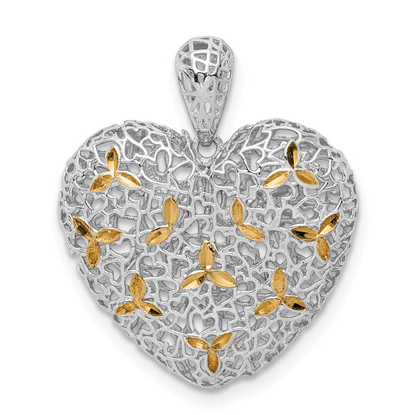 Sterling Silver Rhodium-plated & Gold-tone D/C Hollow Heart Pendant