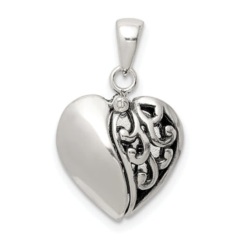 Sterling Silver Polished and Antiqued I LOVE YOU Message within a Decorative Scroll Patterned Moveable Opening Shell Heart Pendant