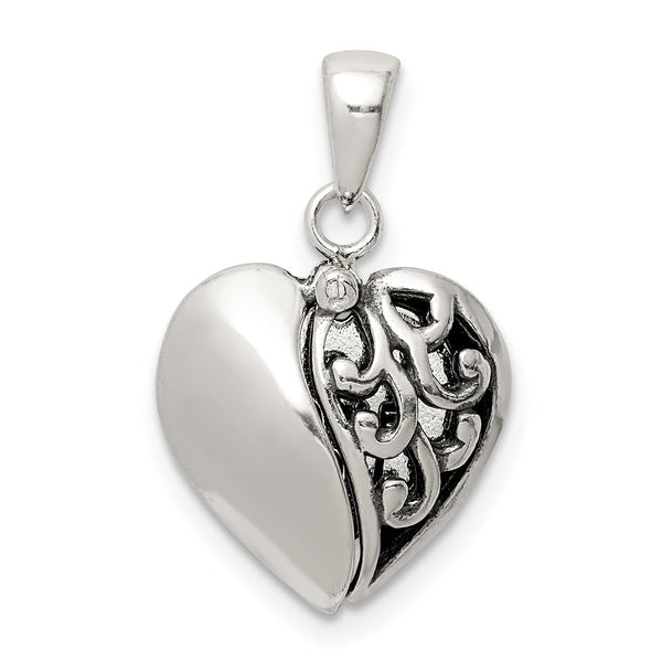 Sterling Silver Polished and Antiqued I LOVE YOU Message within a Decorative Scroll Patterned Moveable Opening Shell Heart Pendant