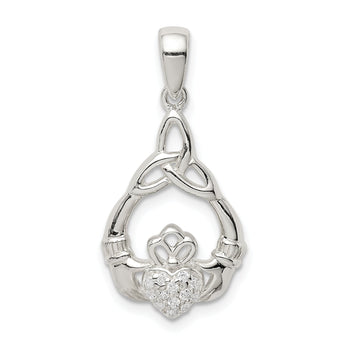 Sterling Silver Polished CZ Claddagh w/Trinity Knot Pendant