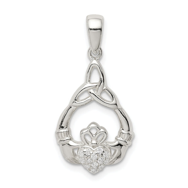 Sterling Silver Polished CZ Claddagh w/Trinity Knot Pendant