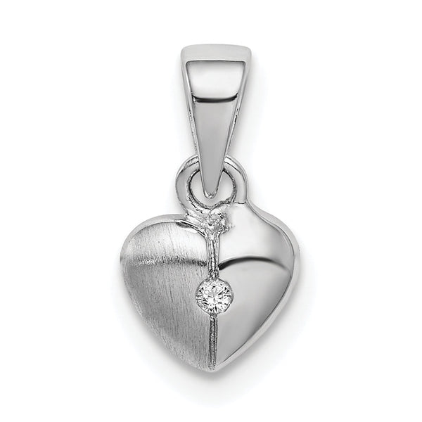 Sterling Silver Rhod-plated Polished & Satin CZ Heart Children's Pendant