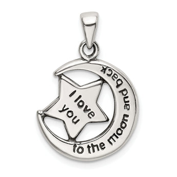 Sterling Silver LOVE YOU TO THE MOON Antiqued Star and Moon Pendant