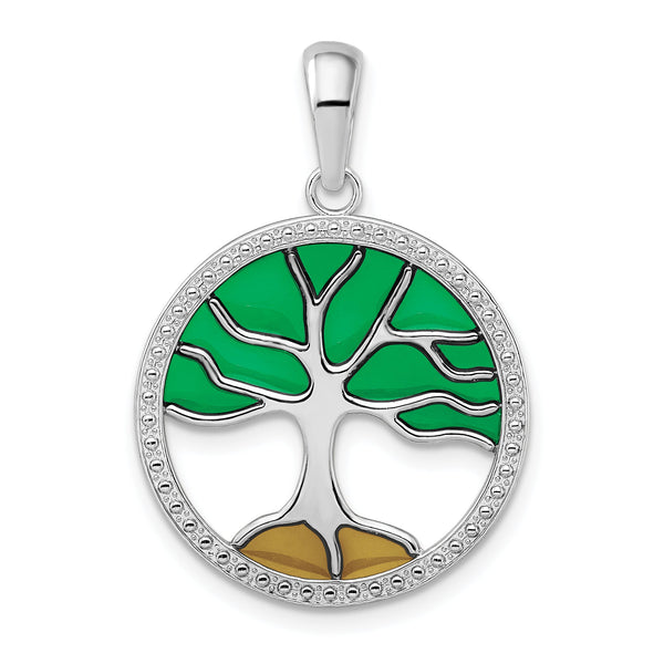 De-Ani Sterling Silver Rhodium-Plated Polished Enameled Tree of Life Pendant