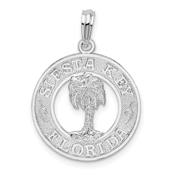 De-Ani Sterling Silver Rhodium-Plated Textured Siesta Key Florida with Palm Tree Pendant