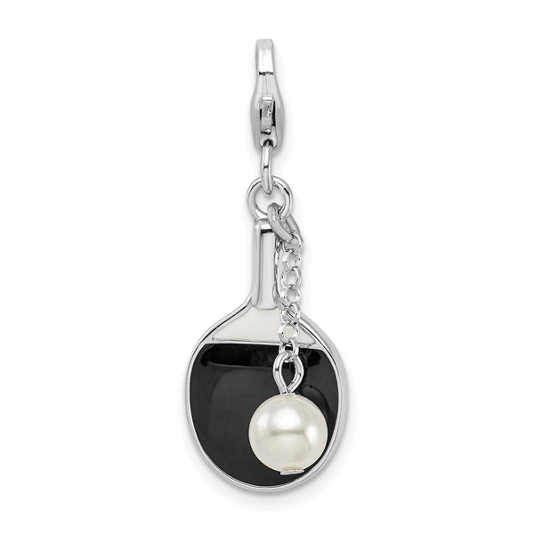 Sterling Silver Enamel Pearl Charm with Rhodium Finish
