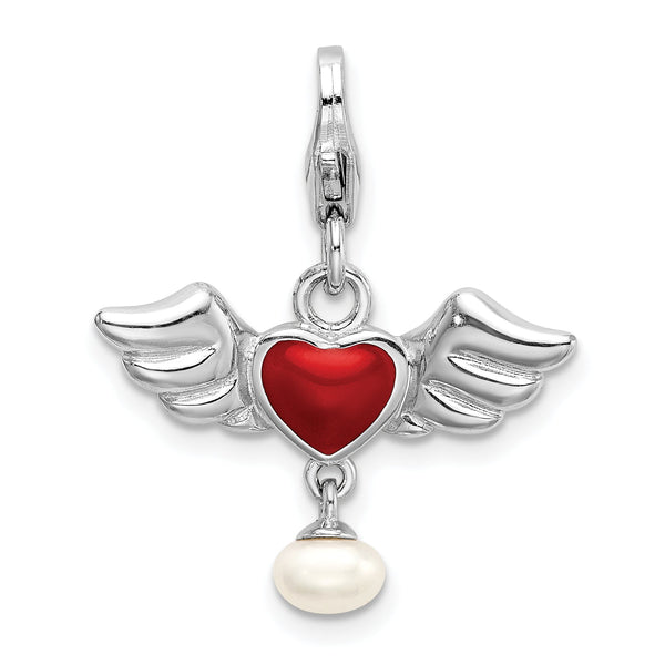 Amore La Vita 925 Silver Heart Wing Charm with Pearl Dangle