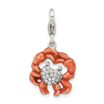 Amore La Vita Sterling Silver Rhodium-plated Antiqued Enameled Crystal From Swarovski Crystal Heart Crab Charm with Fancy Lobster Clasp